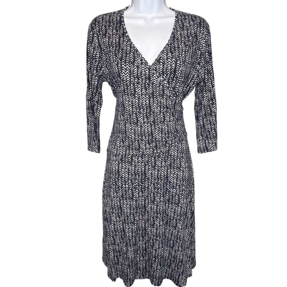 Garnet Hill Womens Navy Blue‎ Chevron Faux Wrap Dress Sz M Office Wear Classic